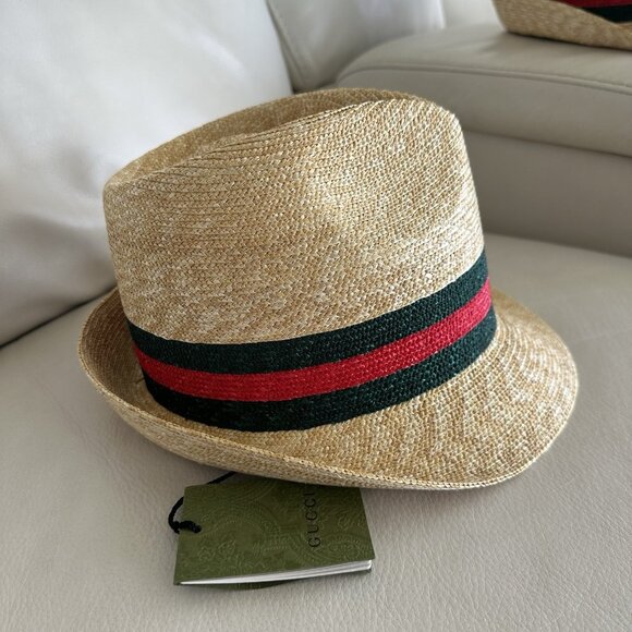 NWT 100% Authentic Gucci Beige Web Sherry Line Straw Hat Size XS main image 5